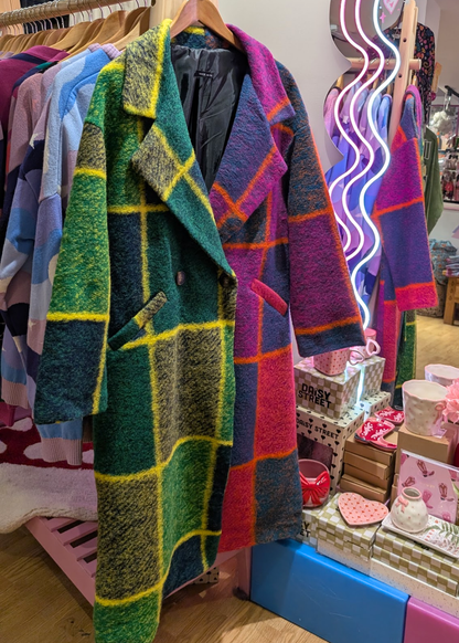 The Edit - Oversized Half 'n' Half Colourful Check Blanket Coat in Pink, Orange & Green