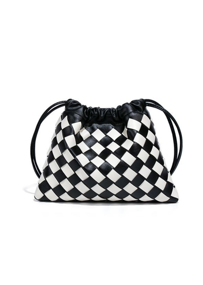 The Edit - Black & White Woven Check Drawstring Pouch Bag