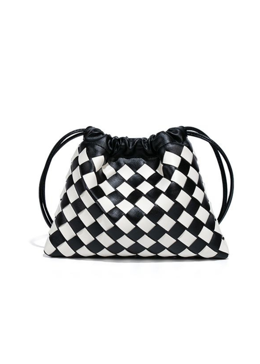 The Edit - Black & White Woven Check Drawstring Pouch Bag