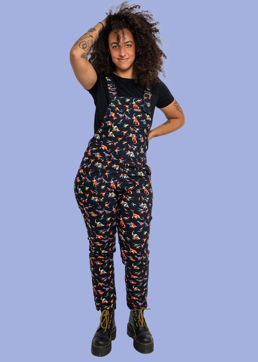 Run & Fly - Unisex Black Twill Rainbow Dinosaur Dungarees