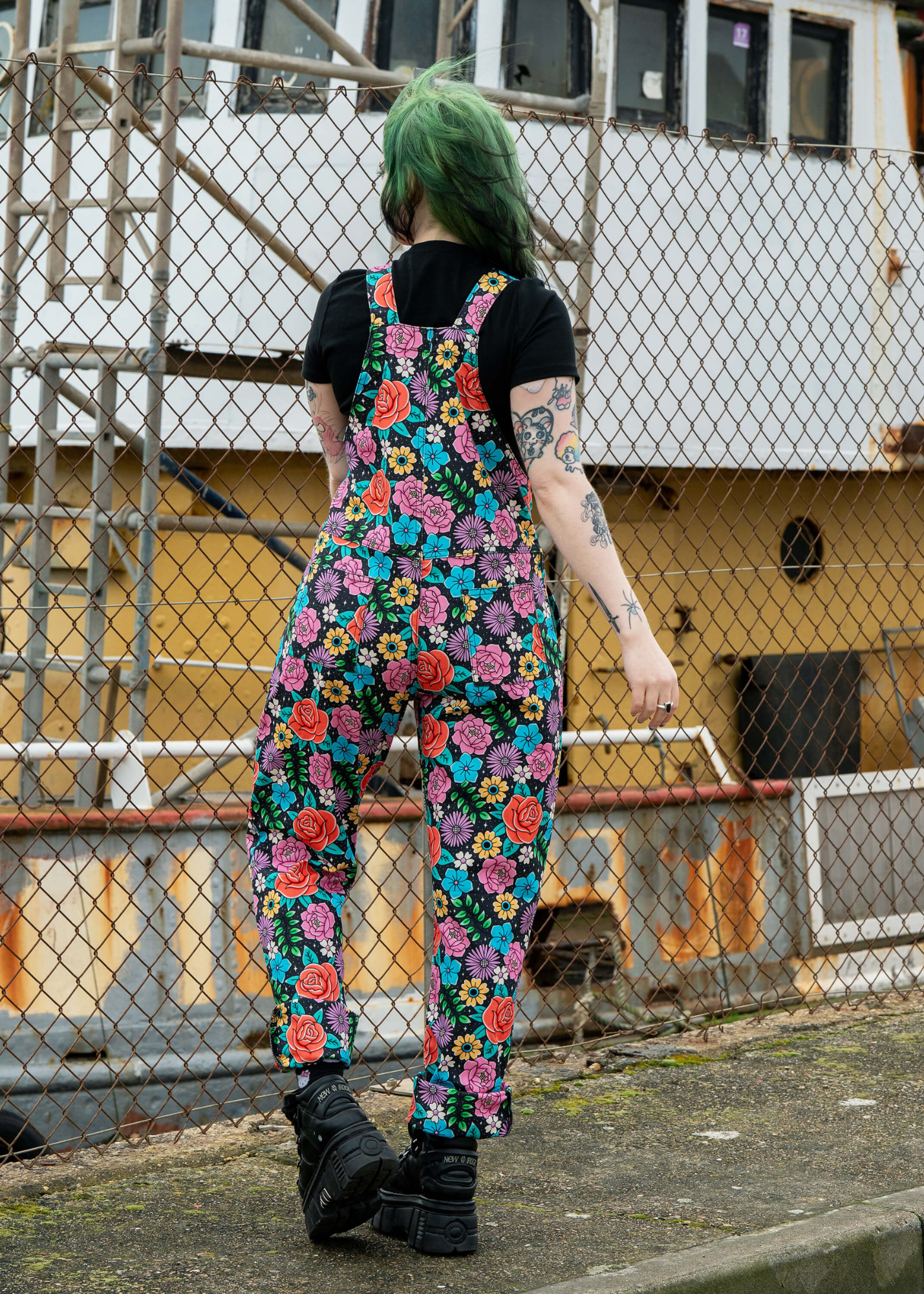 Rebel Romance - Tattoo Floral Stretch Dungarees