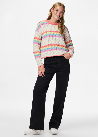 Pieces - Cream and Rainbow Stripe Knit Cable Jumper