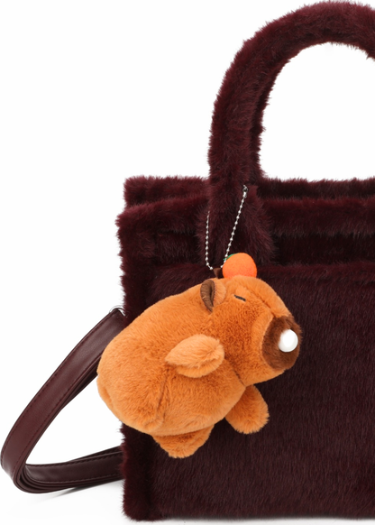 The Edit - Wine Faux Fur Tote Handbag with Capybara Charm