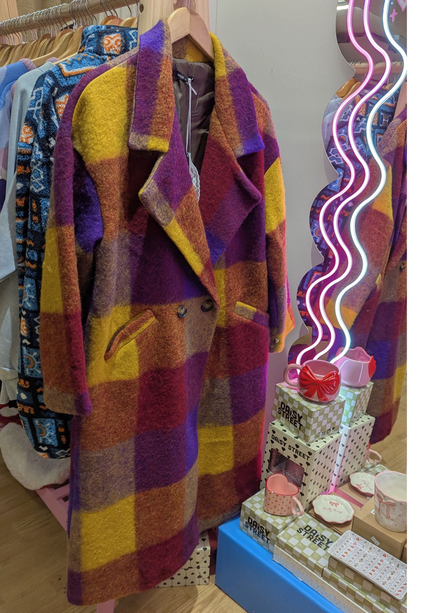 The Edit - Oversized Burgundy, Mustard Yellow & Purple Checked Coat