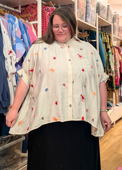 The Edit - Under the Sea Embroidered Oversized Shirt in Stone