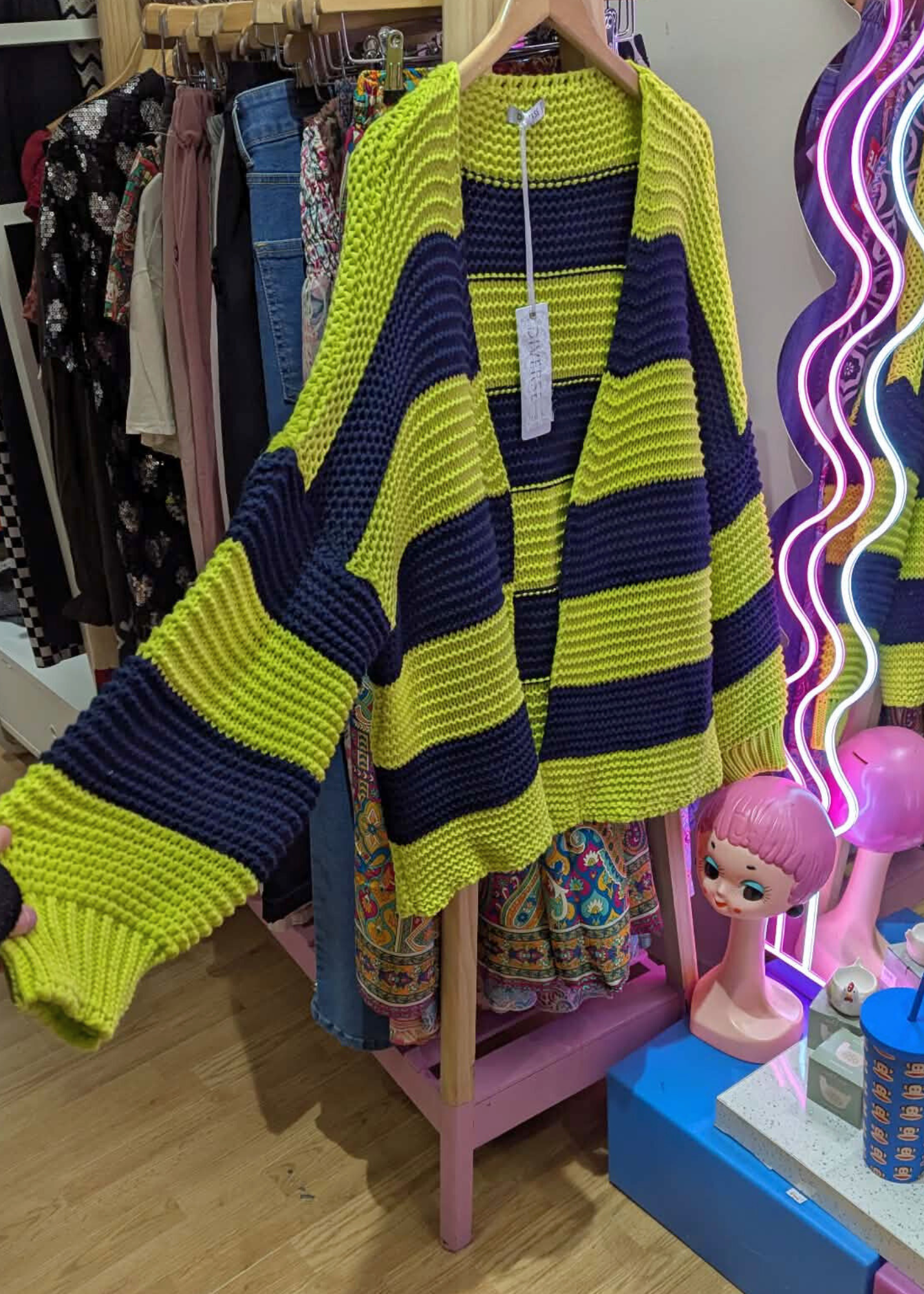 The Edit - Lime & Navy Striped Knit Cardigan