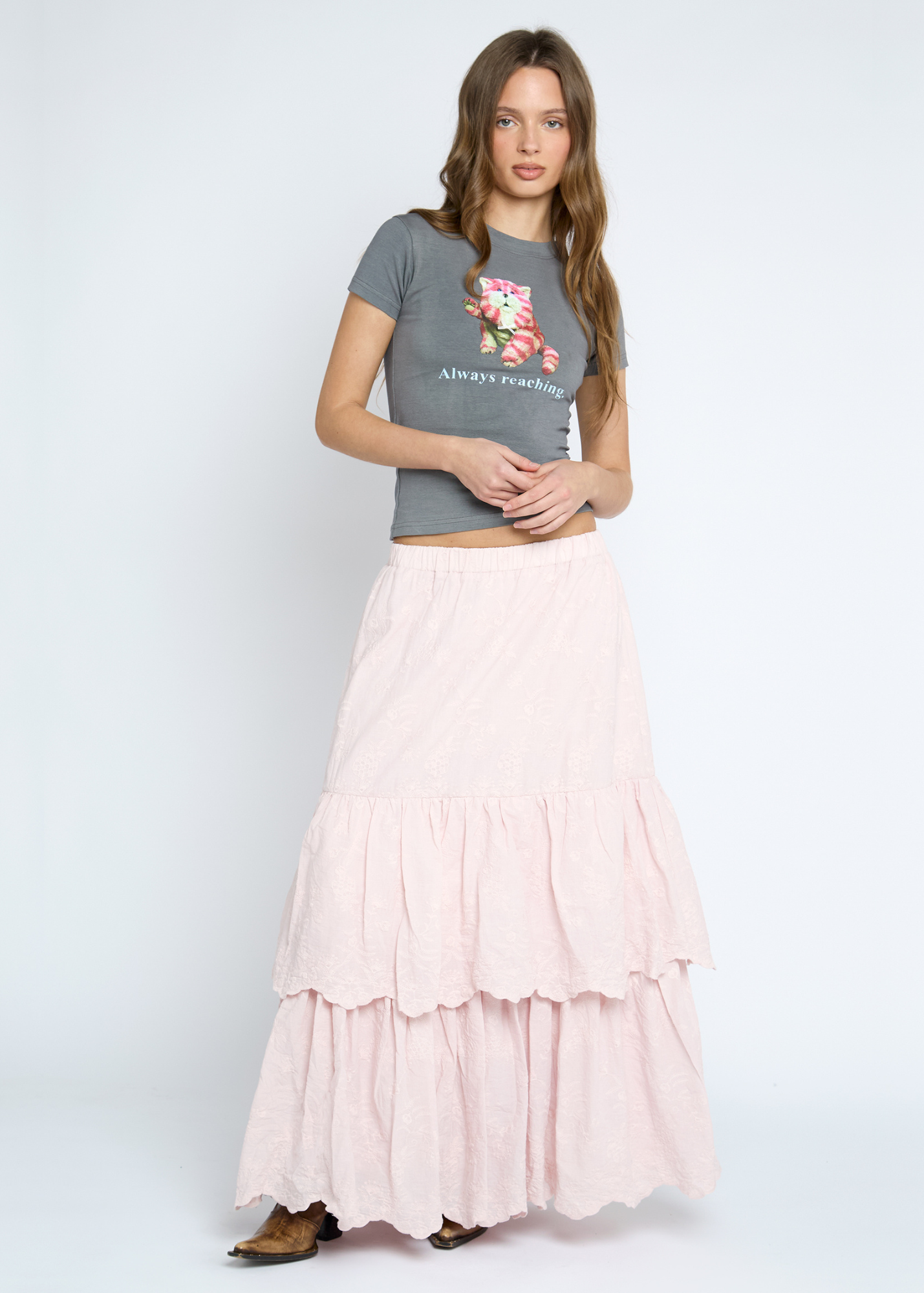 Daisy Street - Multi Tiered Pink Flower Maxi Skirt