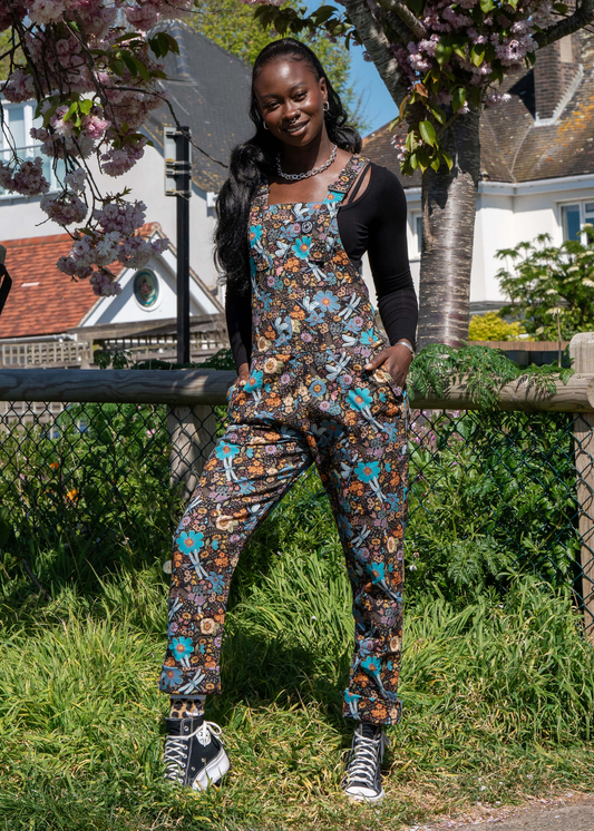 Rebel Romance - Black Cottagecore Stretch Twill Dungarees