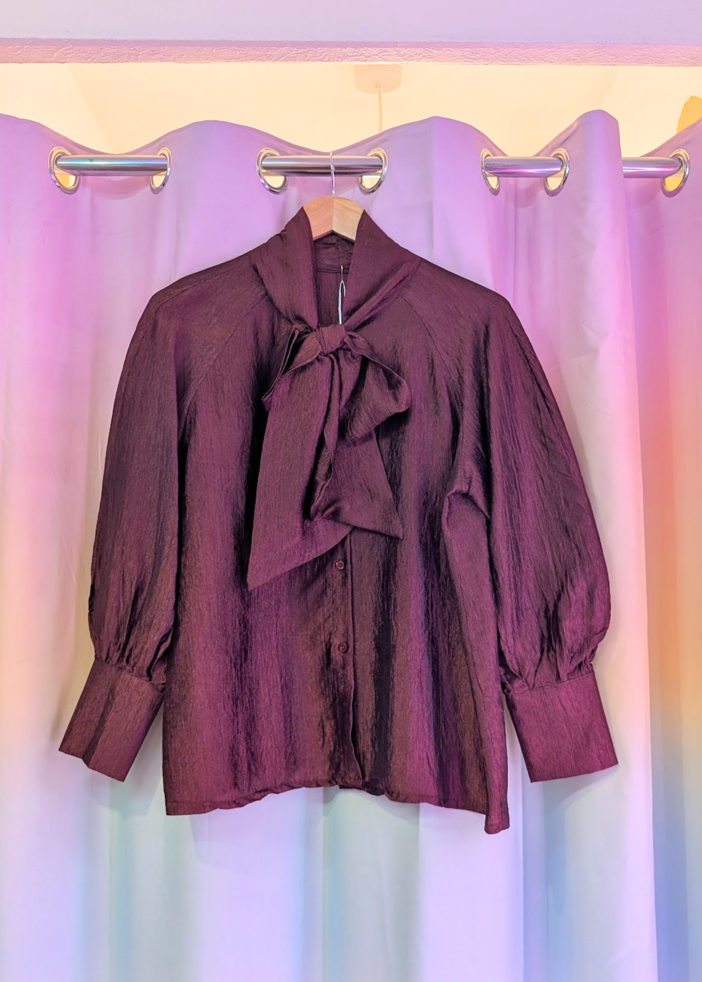 The Edit - Burgundy Crinkle Pussy Bow Top