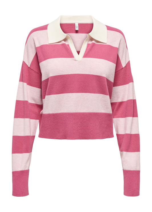 Only - Pink and White Stripe Polo Jumper