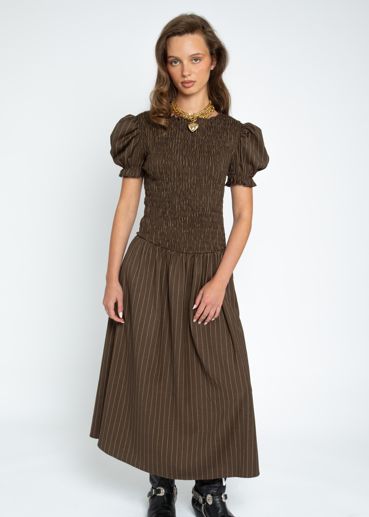 Daisy Street - Brûlée Brown Shirred Midaxi Dress
