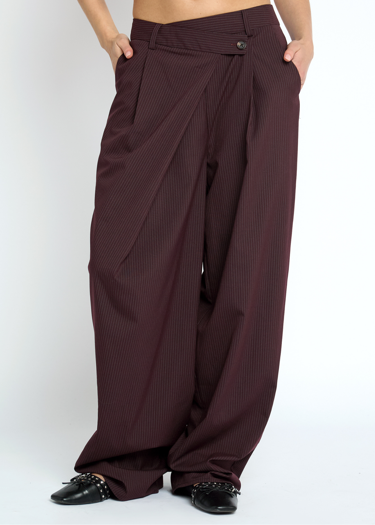 Daisy Street - Thornthread Burgundy Pinstripe Wrap Trousers