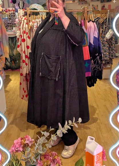 The Edit - Oversized Long Black Washed Denim Jacket