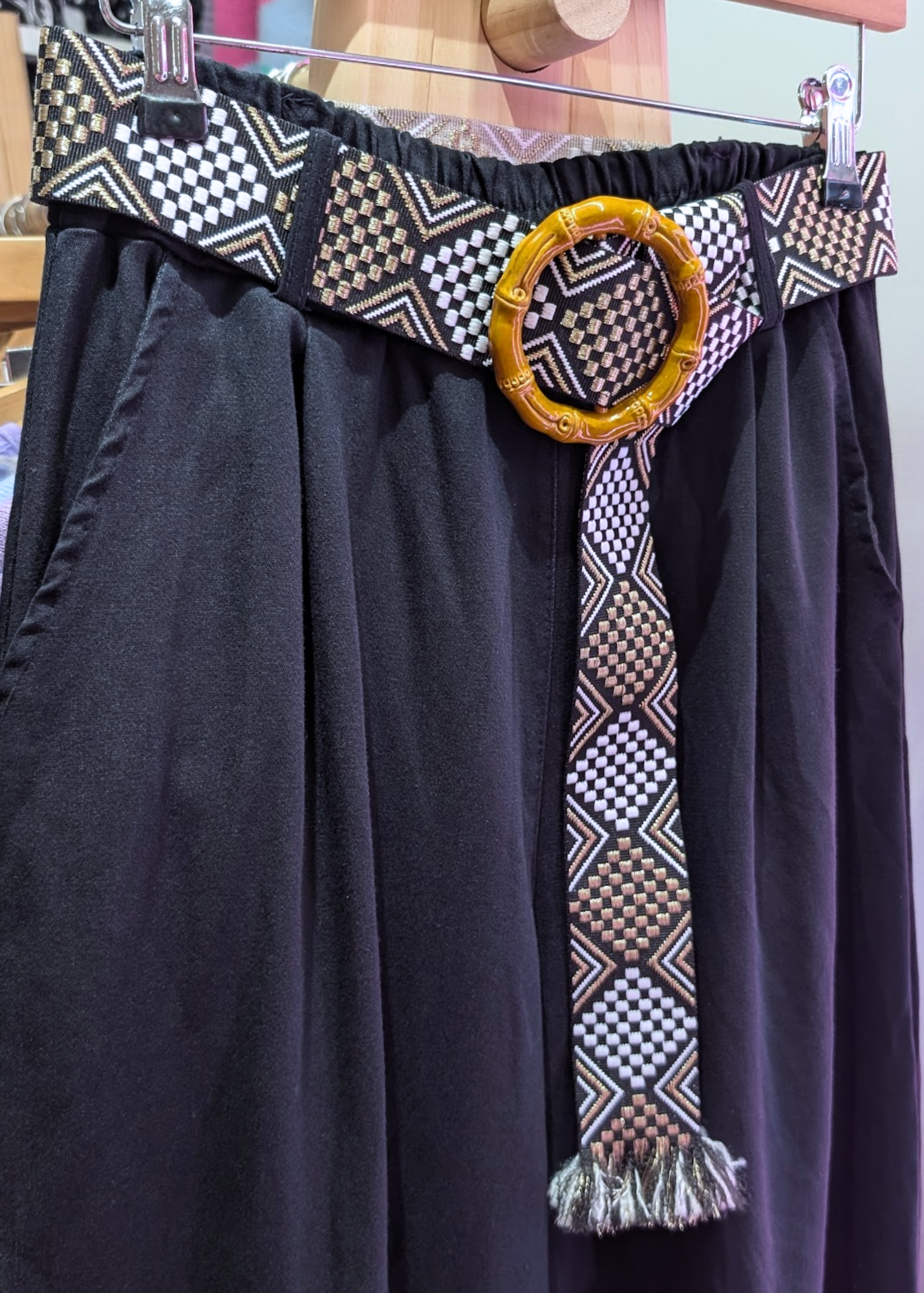 The Edit - Wide Leg Trousers with Embroidered Belt in Black