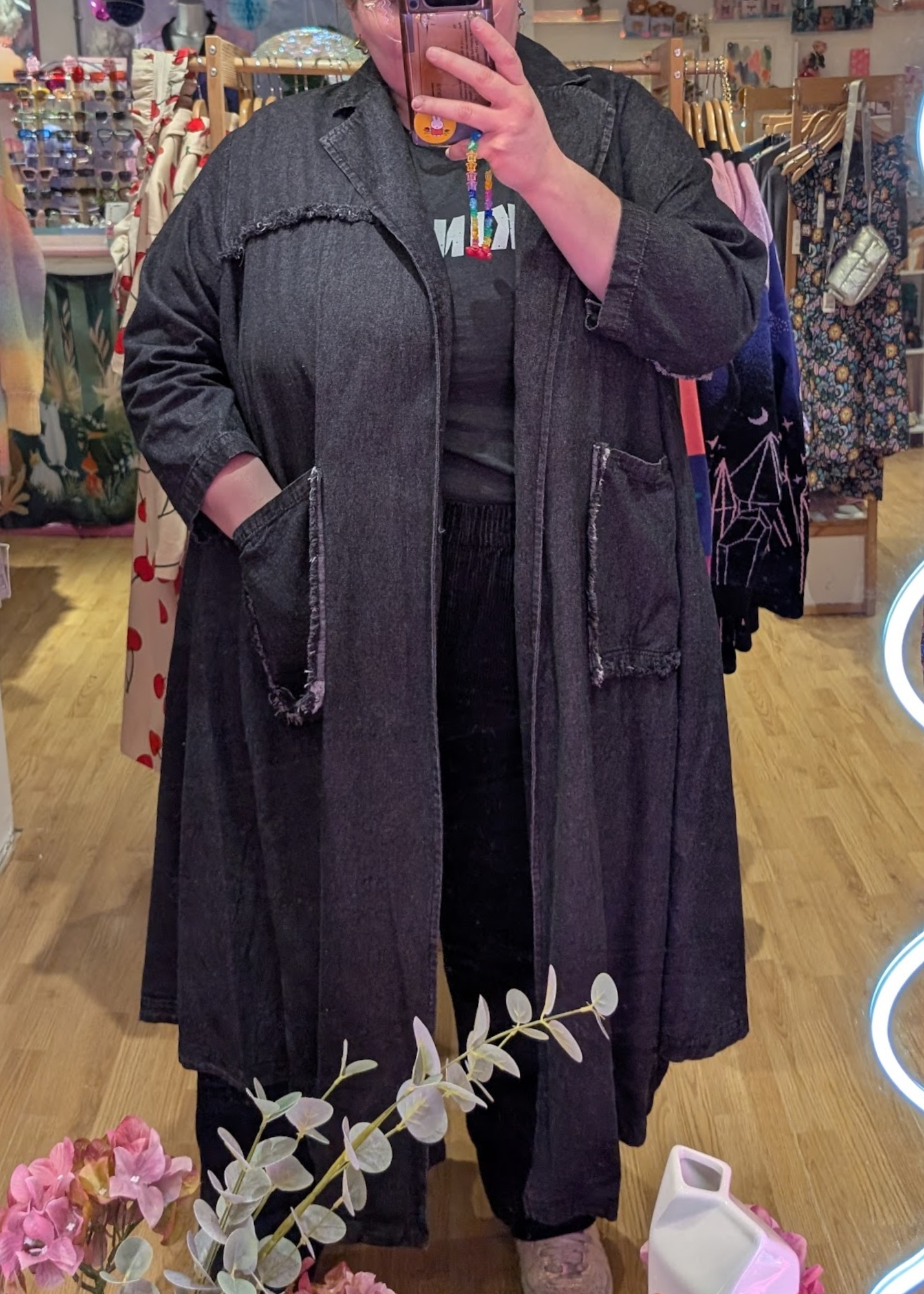 The Edit - Oversized Long Black Washed Denim Jacket