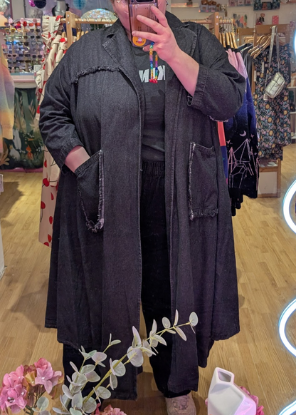 The Edit - Oversized Long Black Washed Denim Jacket
