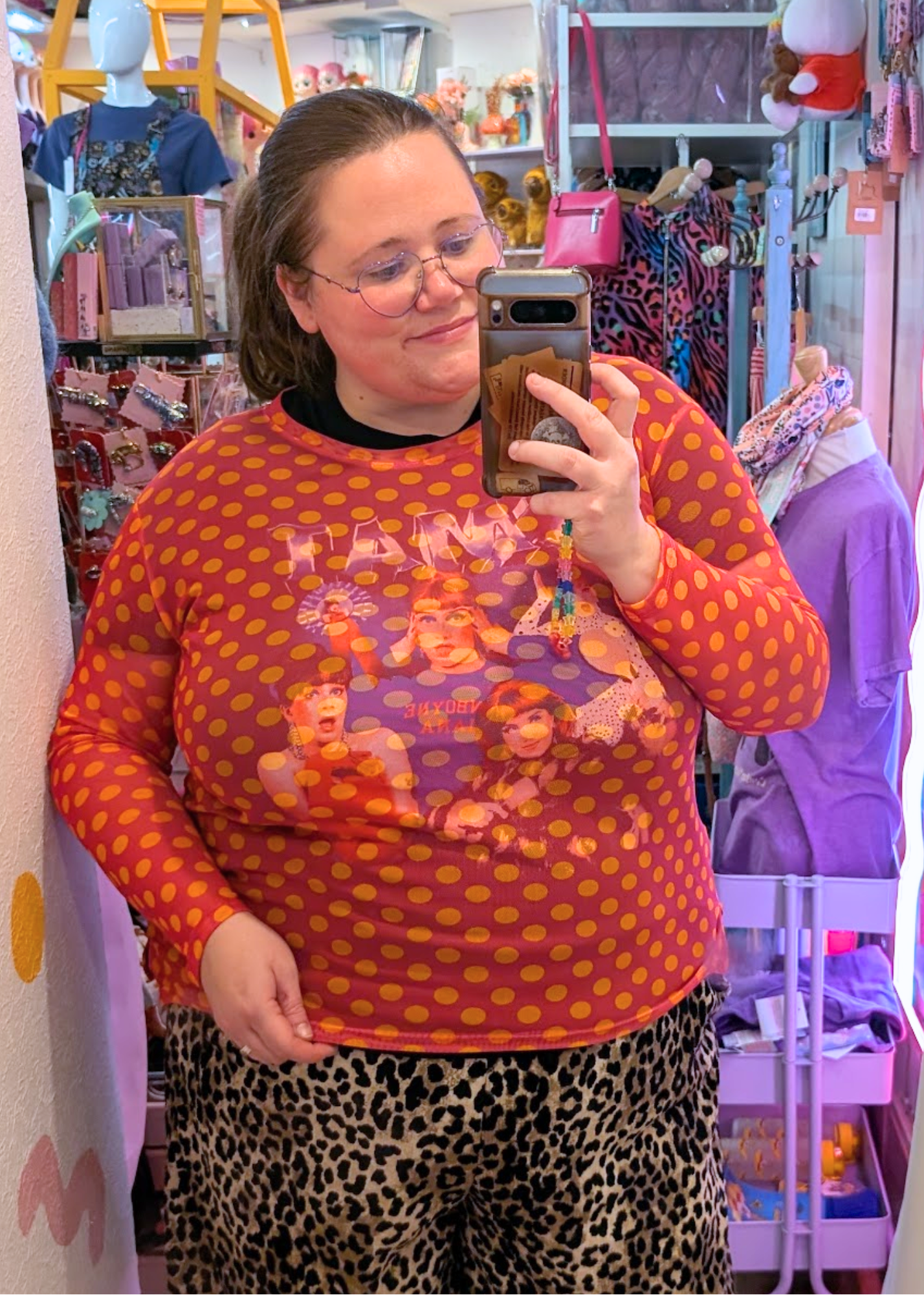 The Edit - Pink & Orange Polka Dot Mesh Long Sleeve Top