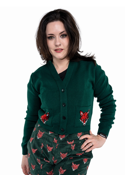 Run & Fly - Fox Head V-Neck Cropped Cardigan