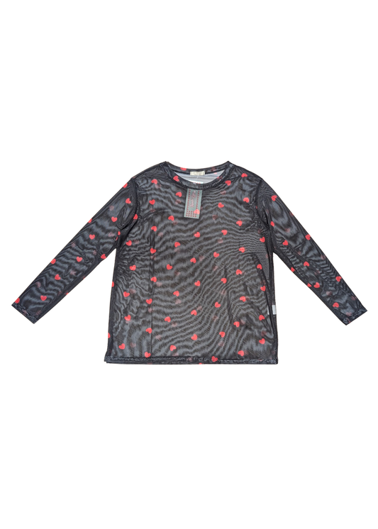 The Edit - Black & Red Heart Mesh Long Sleeve Top