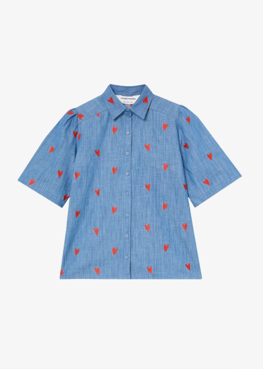 Compañia Fantastica - Blue Shirt with Embroidered Hearts