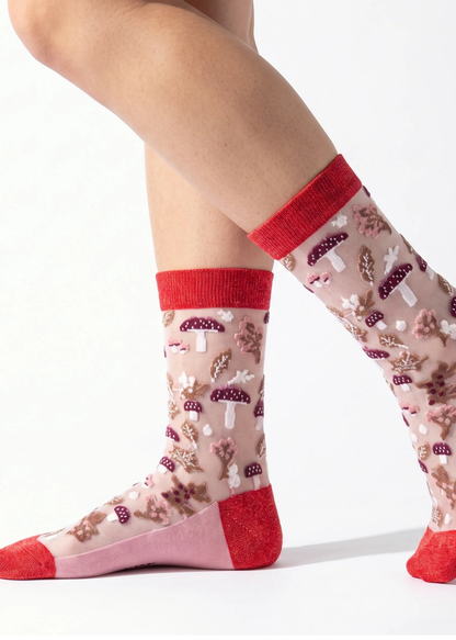 Sock Talk - Red Toadstool Floral Sheer Socks