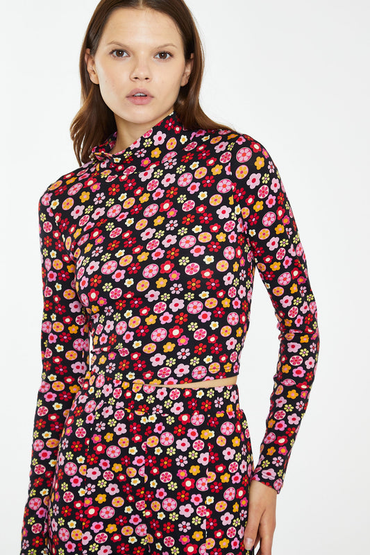 Glamorous - Colourful 60s Flower Stretch Long Sleeve Top