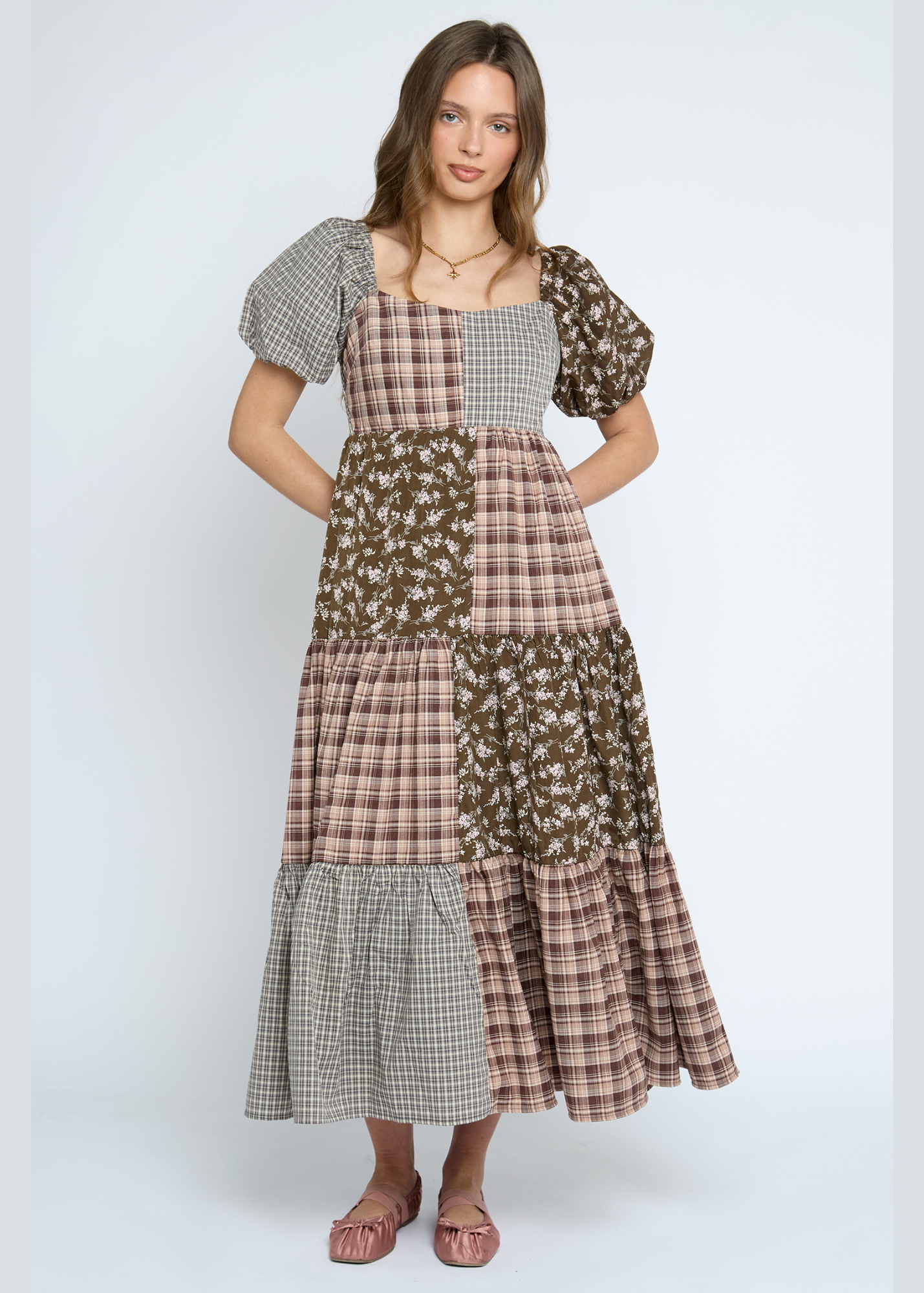 Daisy Street - Freesia Mixed Fabric Check & Flower Dress