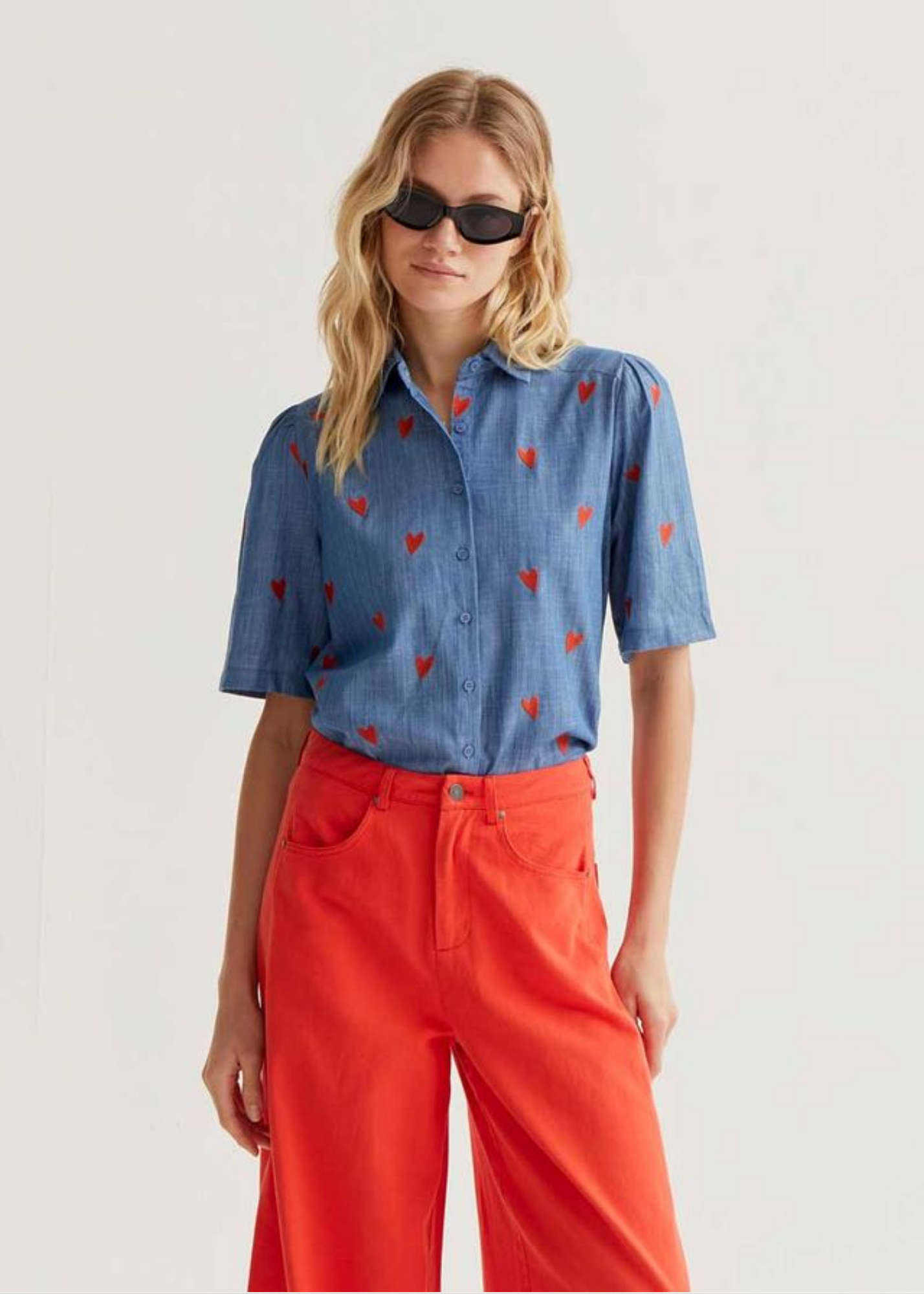Compañia Fantastica - Blue Shirt with Embroidered Hearts
