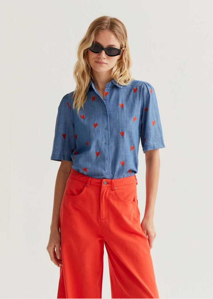 Compañia Fantastica - Blue Shirt with Embroidered Hearts