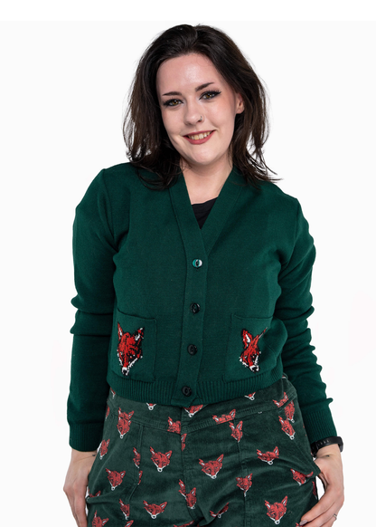 Run & Fly - Fox Head V-Neck Cropped Cardigan