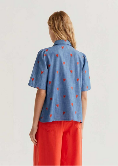 Compañia Fantastica - Blue Shirt with Embroidered Hearts