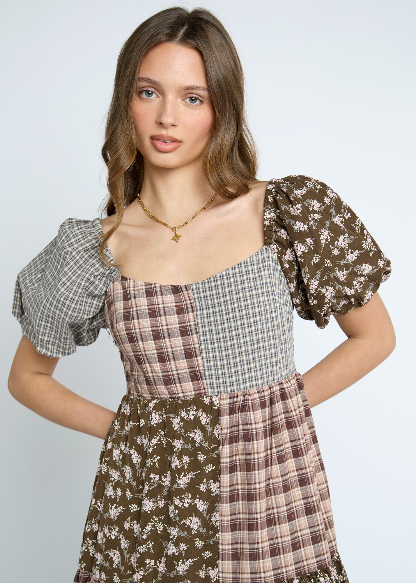 Daisy Street - Freesia Mixed Fabric Check & Flower Dress