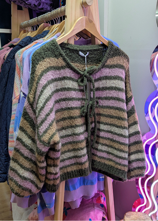 The Edit - Khaki and Pink Tie Front Cardigan