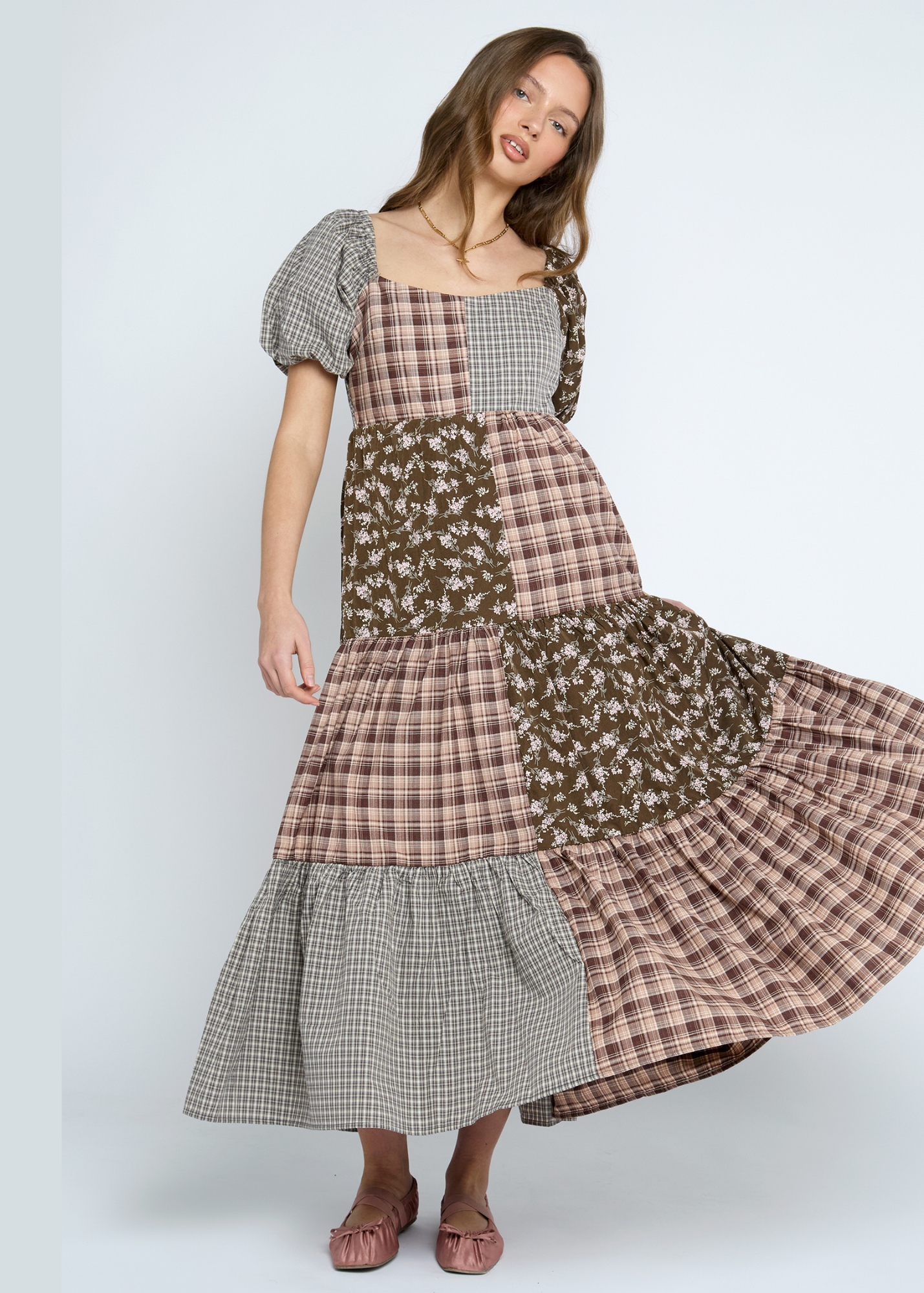 Daisy Street - Freesia Mixed Fabric Check & Flower Dress
