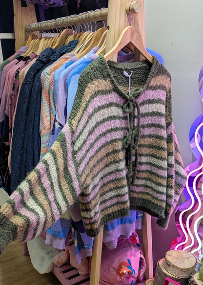 The Edit - Khaki and Pink Tie Front Cardigan
