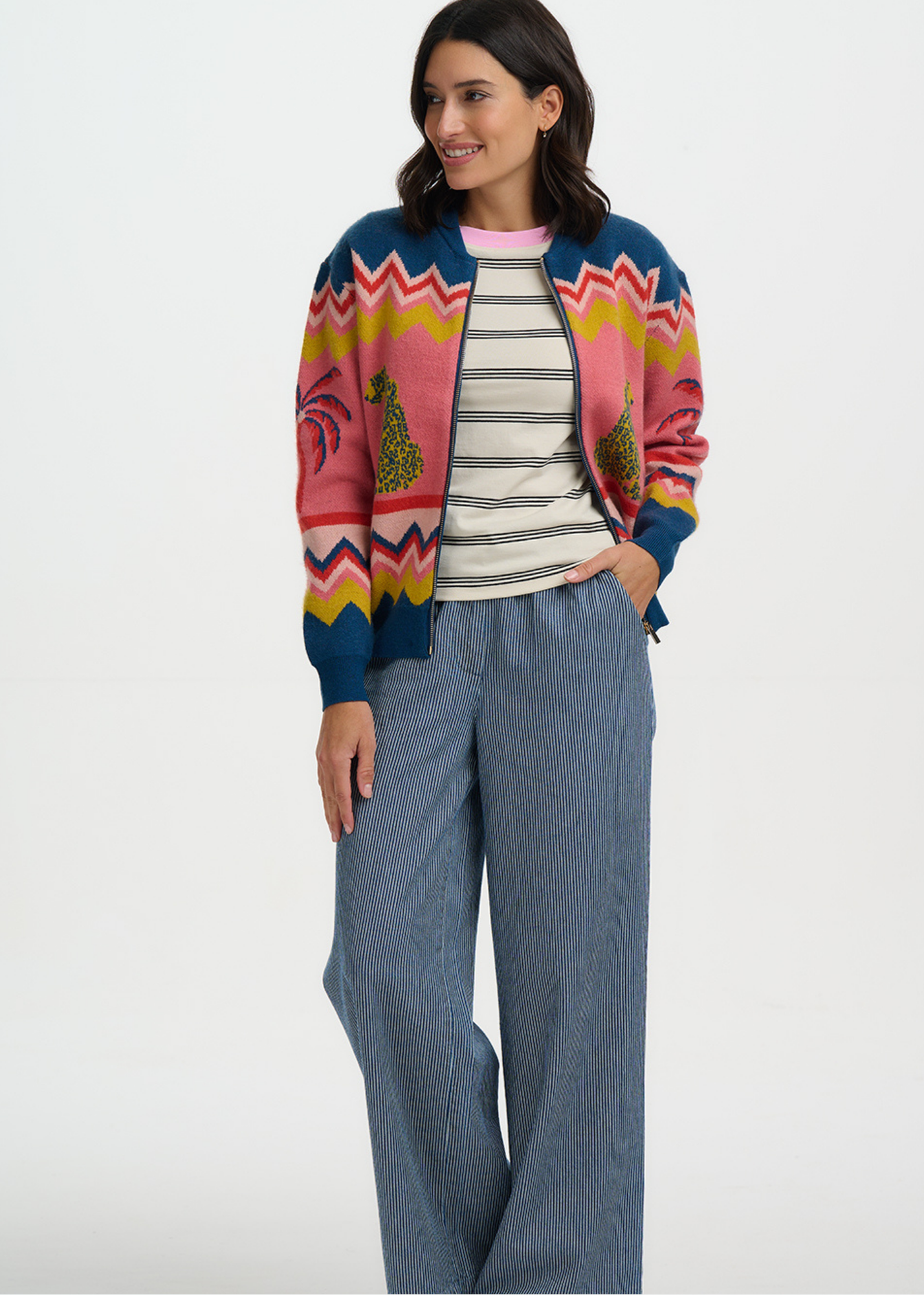 Sugarhill Brighton - Solana Leopards and Palms Knitted Bomber Cardigan