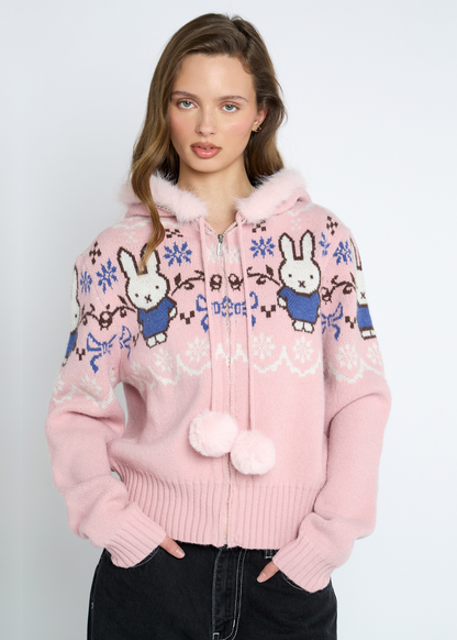 Daisy Street - Knitted Miffy Pom Pom Hooded Cardigan