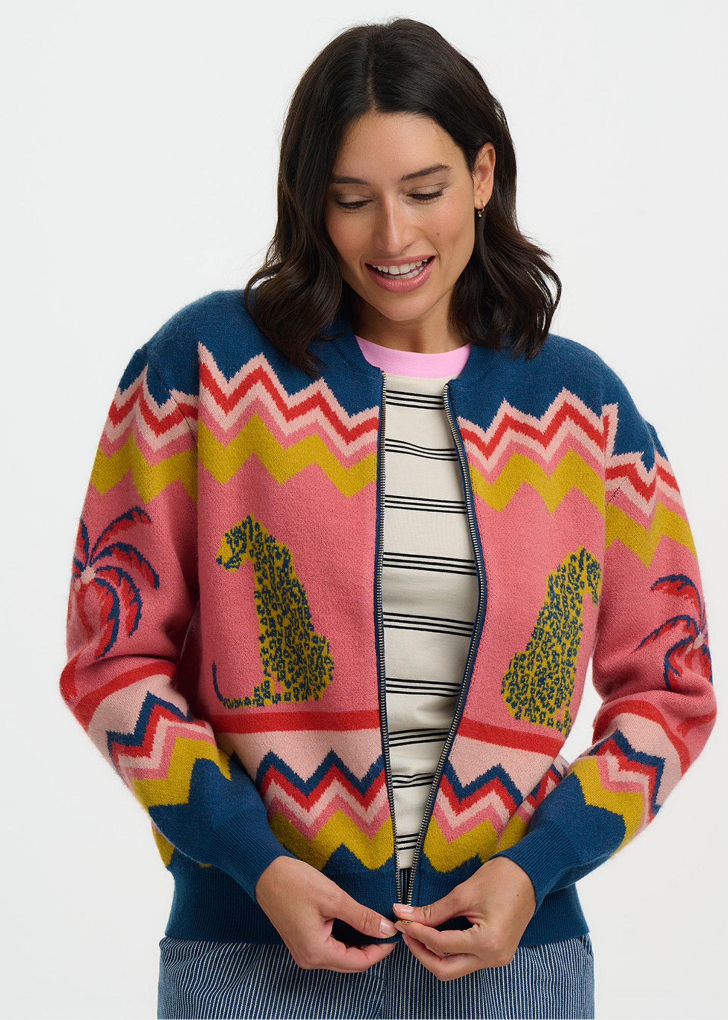 Sugarhill Brighton - Solana Leopards and Palms Knitted Bomber Cardigan