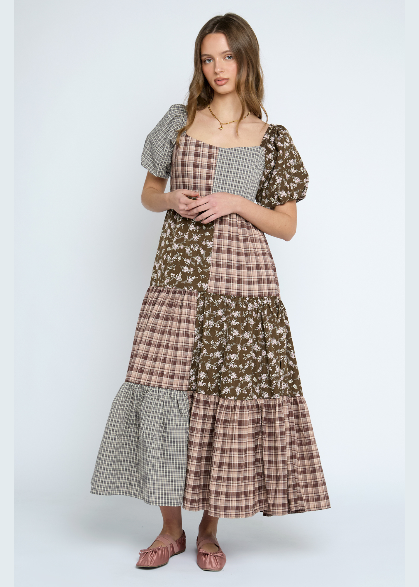 Daisy Street - Freesia Mixed Fabric Check & Flower Dress