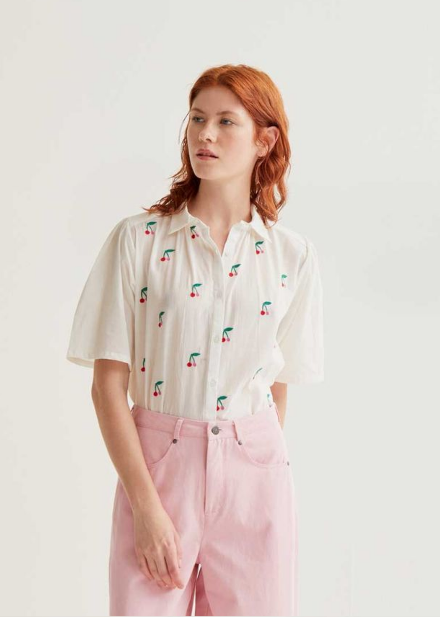 Compañia Fantastica - White Shirt with Embroidered Cherries