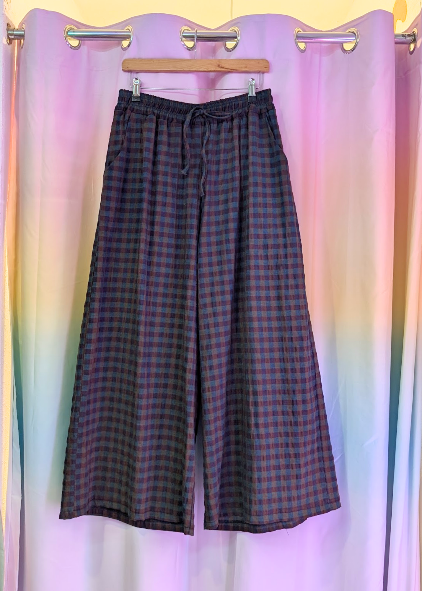 The Edit - Blue & Green Gingham Check Wide Leg Trousers