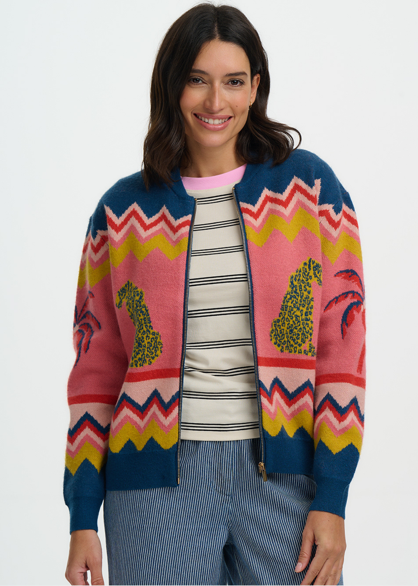 Sugarhill Brighton - Solana Leopards and Palms Knitted Bomber Cardigan