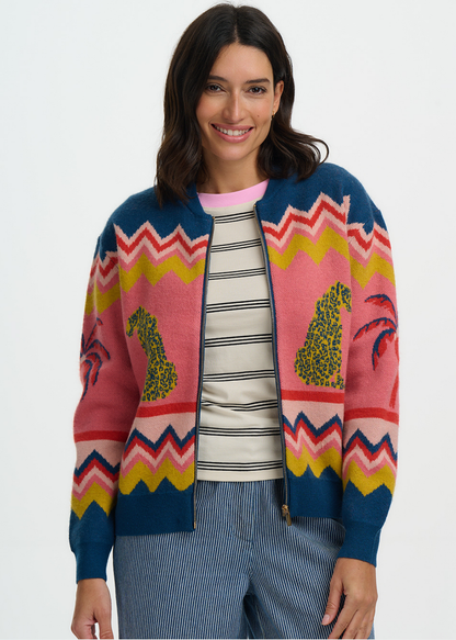 Sugarhill Brighton - Solana Leopards and Palms Knitted Bomber Cardigan