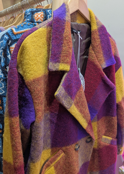 The Edit - Oversized Burgundy, Mustard Yellow & Purple Checked Coat