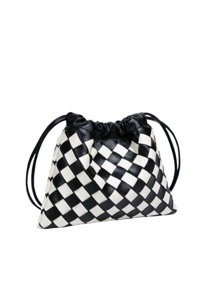 The Edit - Black & White Woven Check Drawstring Pouch Bag