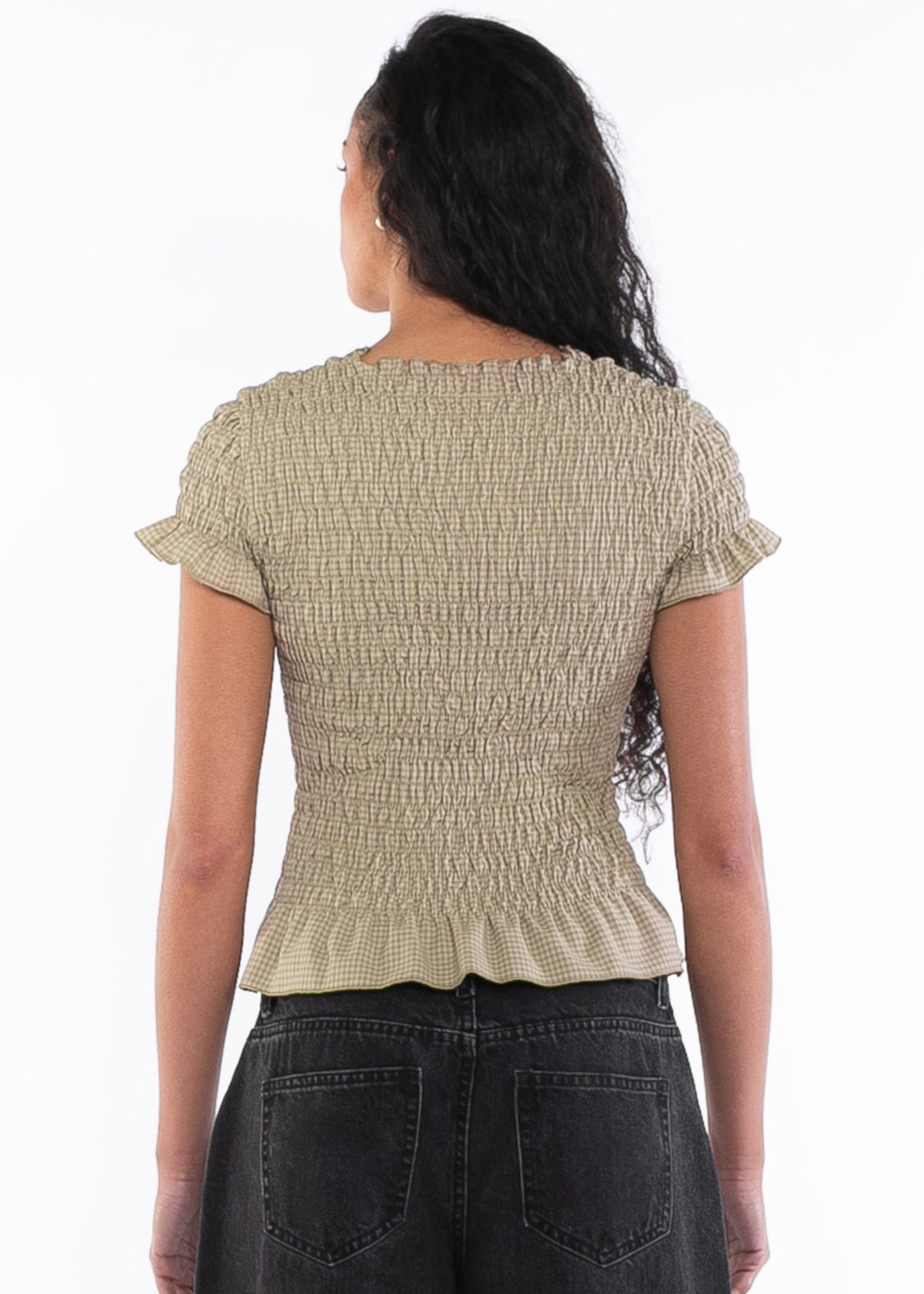 Daisy Street - Beige Check Short Sleeve Shirred Top