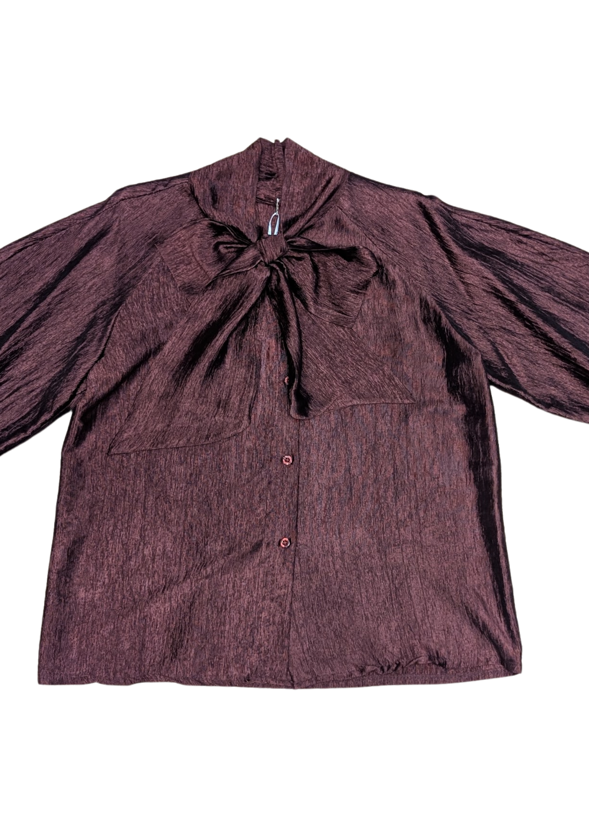 The Edit - Burgundy Crinkle Pussy Bow Top