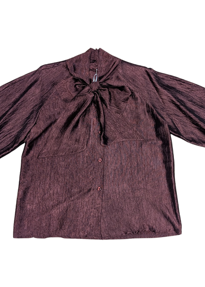 The Edit - Burgundy Crinkle Pussy Bow Top
