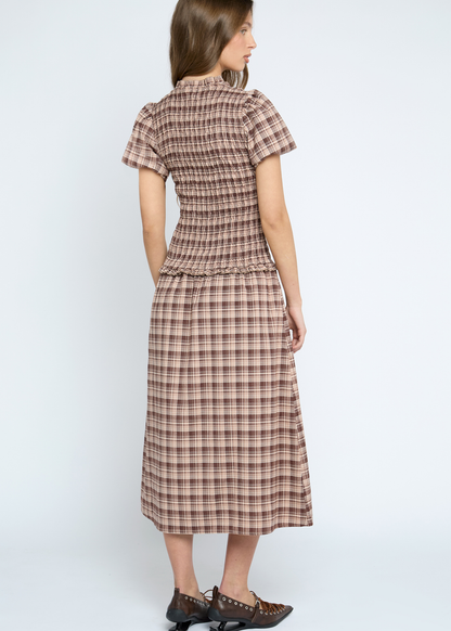 Daisy Street - Amaretti Brown Check Shirred Midi Dress