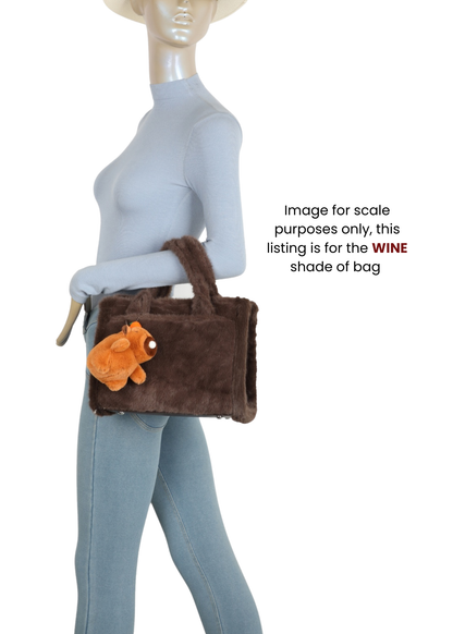 The Edit - Wine Faux Fur Tote Handbag with Capybara Charm